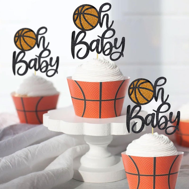 Moitkptt 24Pcs Basketball Oh Baby Cupcake Toppers for Basketball Baby Shower Birthday Decorations  Basketball Baby Shower Cupcake Toppers for Basketball Theme Party Decorations (Oh Baby)  BAK001 - Image 5