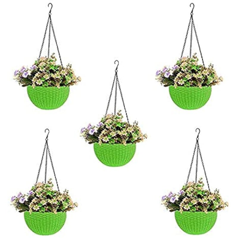 Bianco Round Rattan Woven Hanging Planters with Hanging Chain, Hanging Pots for Plants Balcony (Green, Set of 5, 7.1x4.8 Inch) - Image 2