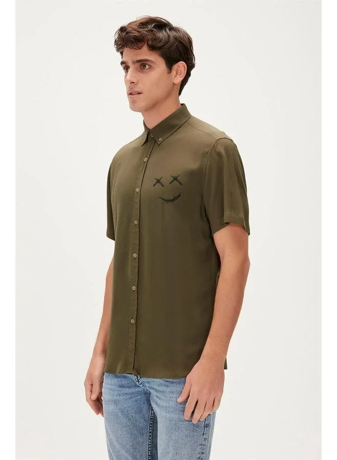 Bad Bear Smile Shirt Khaki Green Short Sleeve Printed Men's Shirt.