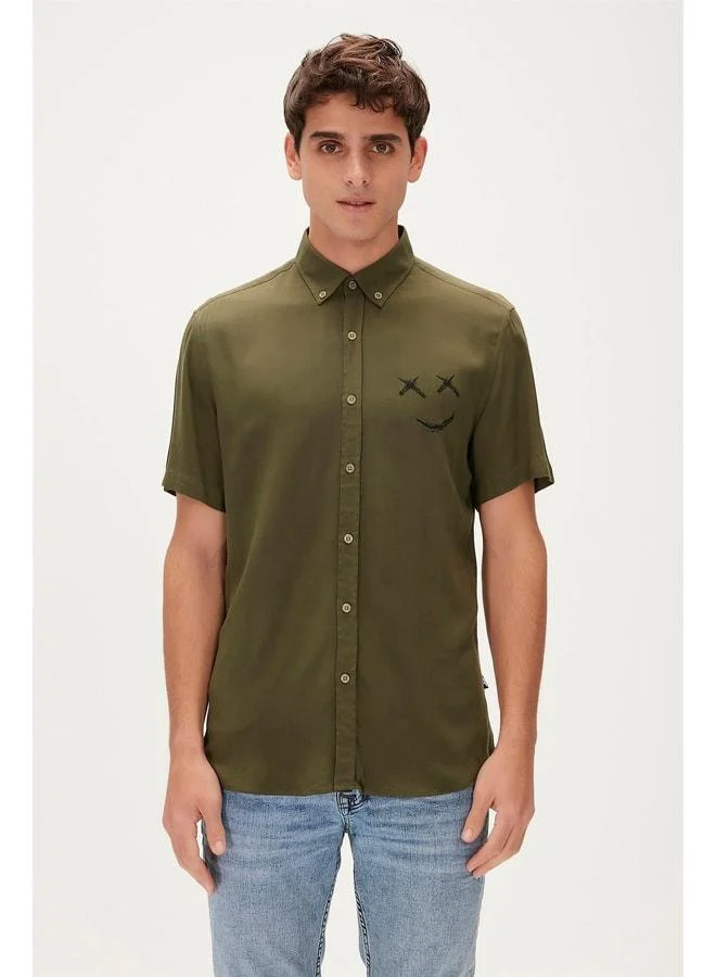Smile Shirt Khaki Green Short Sleeve Printed Men's Shirt.