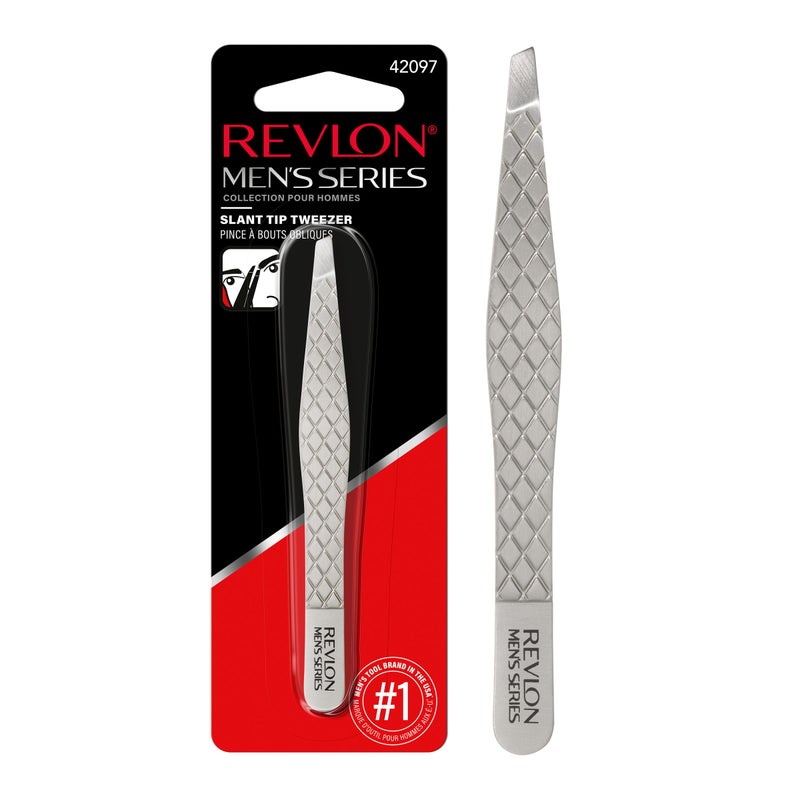Revlon Slanted Tip Tweezers for Men, Ultra-Sharp for Precision Eyebrow Shaping and Facial Hair Removal, Stocking Stuffer for Him, Non-Slip Grip, 1 count - Image 1