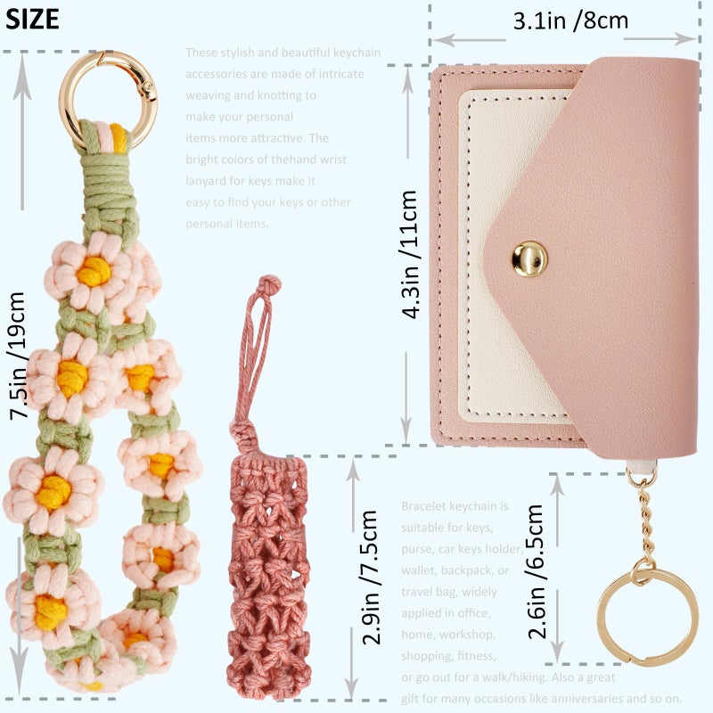 BIHRTC Boho Macrame Keychain for Women â€“ Handmade Bracelet, Leather Card Wallet & Lipstick Holder, Cute Flower Keyring Wristlet Key Chain - Image 2