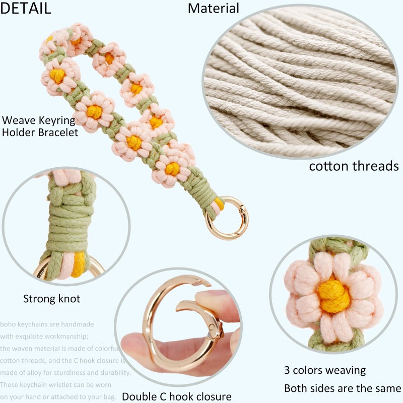 BIHRTC Boho Macrame Keychain for Women â€“ Handmade Bracelet, Leather Card Wallet & Lipstick Holder, Cute Flower Keyring Wristlet Key Chain - Image 3