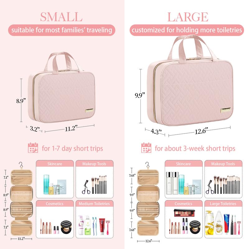 HOTOR Travel Toiletry Bag - Hanging Toiletry Bag for Women & Men, Makeup Bag/Big Comparment, Waterproof for Travel Accessories, Travel Essentials, Medium, Pale Pink - Image 4