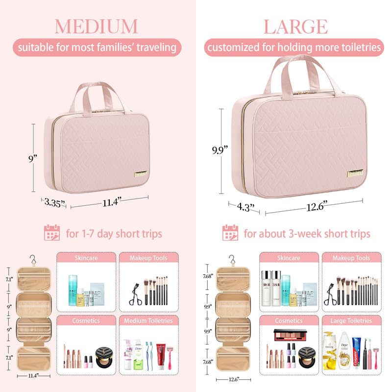 HOTOR Travel Toiletry Bag - Hanging Toiletry Bag for Women & Men, Makeup Bag/Big Comparment, Waterproof for Travel Accessories, Travel Essentials, Medium, Pale Pink - Image 3
