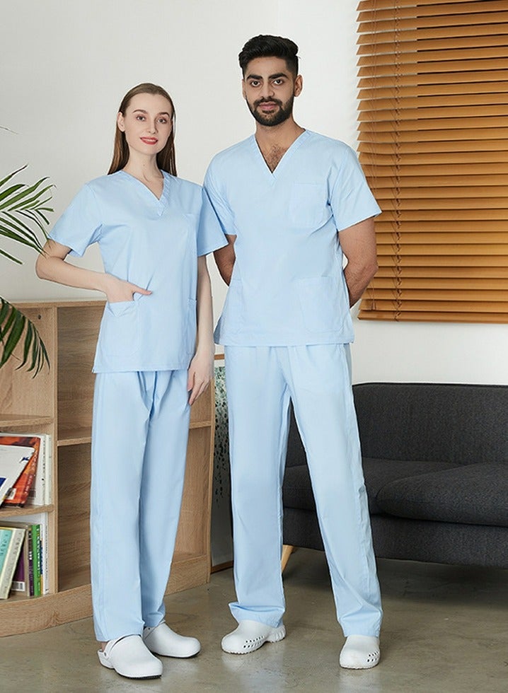 Loquat Medical Uniform Scrubs 2 Piece Set V-Neck Top and Elastic Waist Straight Pants Suit Light Blue