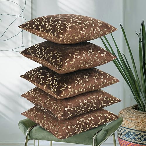 RD TREND® Premium Velvet Cushion Covers Set of 5 | Soft Decorative Throw Pillow Covers for Sofa, Bed & Living Room | Cushion Cover 16 inch x 16 inch (40x40 cm) Chocolate Brown - Image 1