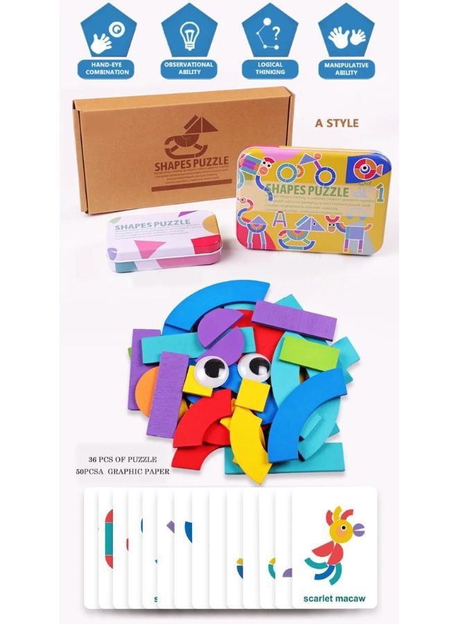 ألعاب تعليمية مونتيسوري، تعلم فرز وتكديس الألعاب للأطفال، الأولاد والبنات، 36 قطعة من الأشكال الهندسية و60 بطاقة تصميم، النمط أ - Image 2