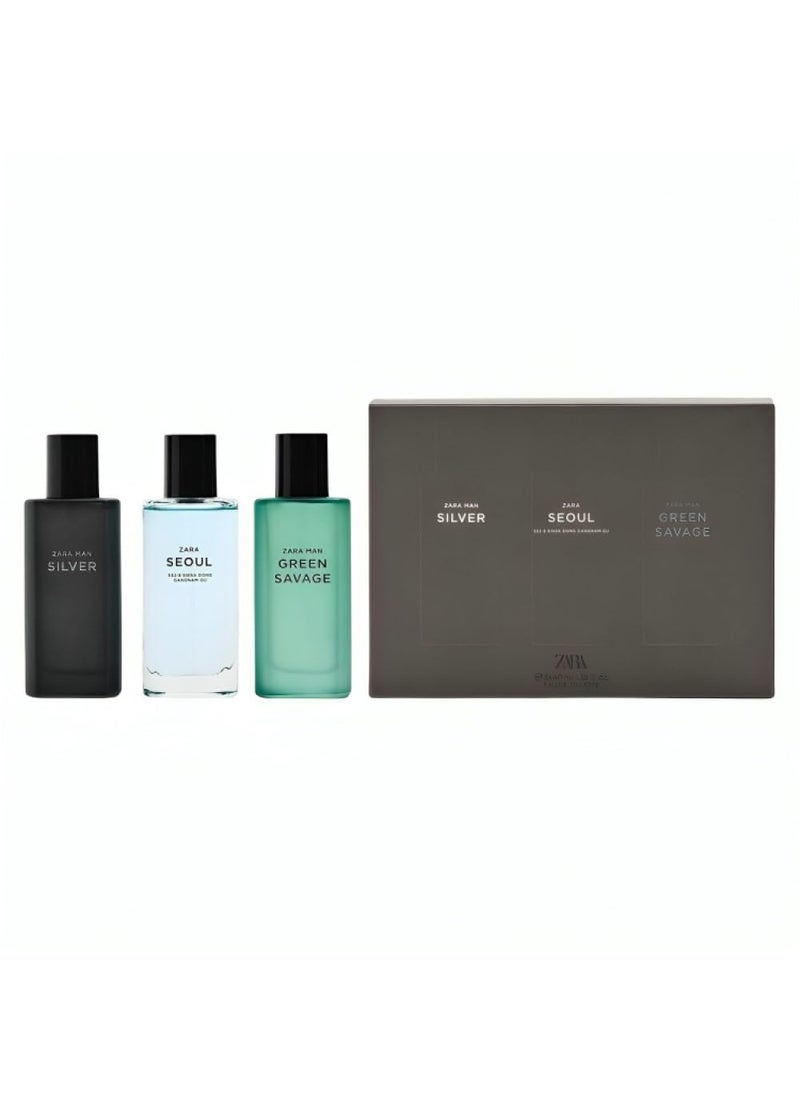 Zara - Zara Man Silver  Seoul  Green Savage Cologne for Men Fragrance Set EDT Eau De Toilette 3x 40 ML 135 FL OZ - Image 1