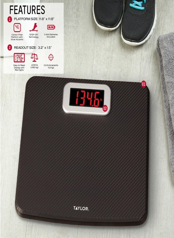Taylor Digital Bathroom Scale, Body Weight Scale 400 LB Capacity, Carbon Fiber Anti-Slip Mat, 11.8 x 11.8 Inch Platform, Black - Image 2