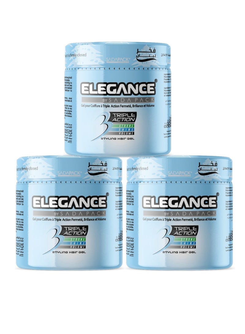 Elegance Elegance Triple Action Hair Gel – Blue – 1000ml – Pack of 3 | Strong Hold, Glossy Finish & Flexible Styling 