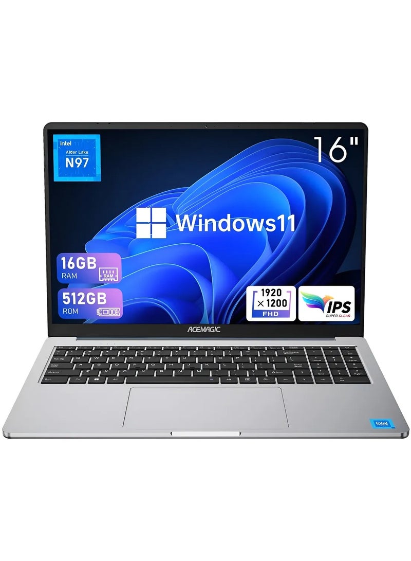 ACEMAGIC Laptop Acemagic 16-inch intel N97 16GB SO-DIMM DDR4 512GB SSD Windows 11 Pro Type-C/USB3.2/plastic material/WIFI5/Bluetooth5.0 english grey - Image 1
