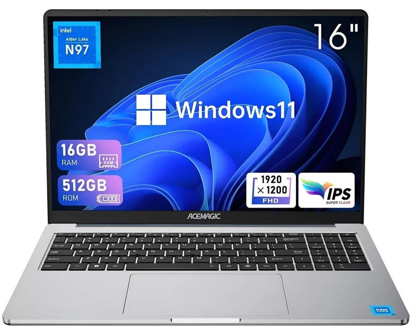 أسيماجيك كمبيوتر محمول Acemagic بشاشة 16 بوصة Full HD (1920X1200)، معالج Intel N97/ذاكرة وصول عشوائي DDR4 سعة 16 جيجابايت/محرك أقراص SSD سعة 512 جيجابايت/نظام تشغيل Windows 11 Pro english الرمادي - Image 1