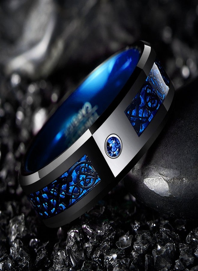 NUNCAD Men's 8mm Blue Black Tungsten Ring with Celtic Dragon and Blue Carbon Fiber Beveled Edge Tungsten Wedding Bands Size 11 - Image 2