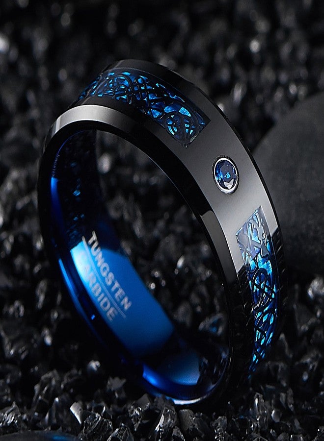 NUNCAD Men's 8mm Blue Black Tungsten Ring with Celtic Dragon and Blue Carbon Fiber Beveled Edge Tungsten Wedding Bands Size 11 - Image 3