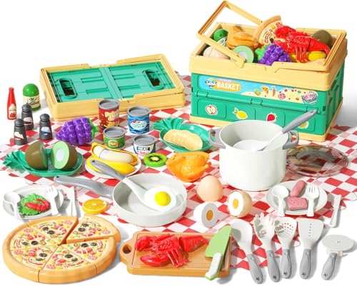 Funpynani 80Pcs Kitchen Playset Toddler Pretend Cooking with Pots Pans Cookware Food Picnic Blanket Fruits Veges Shopping Storage Basket Dessert Learning Gift for Girls Boys White - Image 1