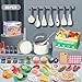 Funpynani 80Pcs Kitchen Playset Toddler Pretend Cooking with Pots Pans Cookware Food Picnic Blanket Fruits Veges Shopping Storage Basket Dessert Learning Gift for Girls Boys White - Image 4