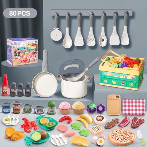 Funpynani 80Pcs Kitchen Playset Toddler Pretend Cooking with Pots Pans Cookware Food Picnic Blanket Fruits Veges Shopping Storage Basket Dessert Learning Gift for Girls Boys White - Image 5