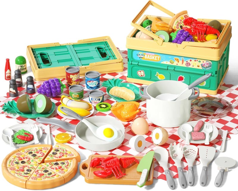 Funpynani 80Pcs Kitchen Playset Toddler Pretend Cooking with Pots Pans Cookware Food Picnic Blanket Fruits Veges Shopping Storage Basket Dessert Learning Gift for Girls Boys White - Image 3