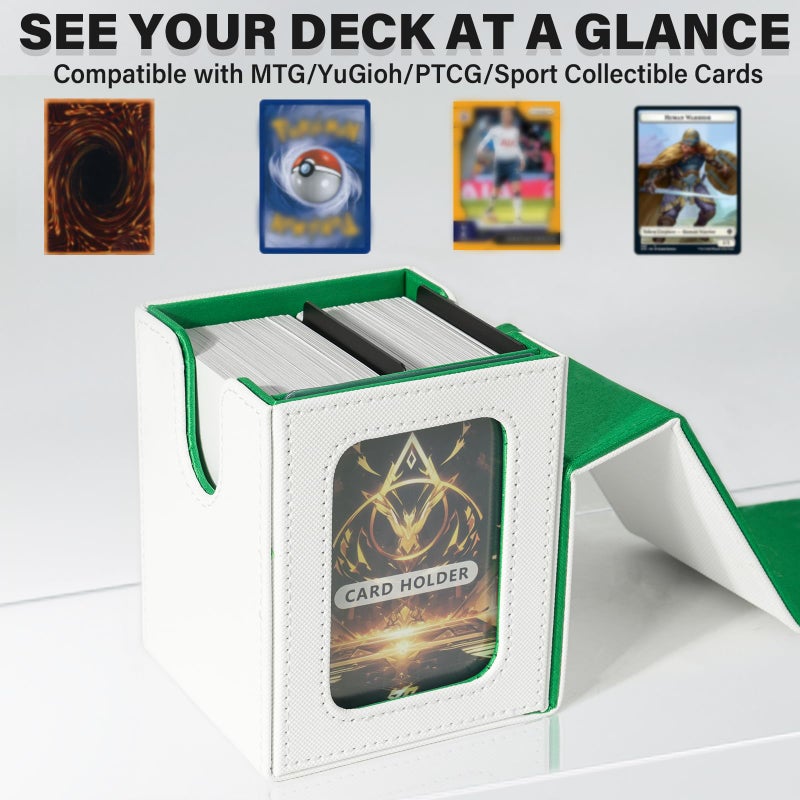 Jaffzora Card Deck Box For Mtg Commander  Magnetic Card Display Case Tcg Card Storage Box  Holds 100 Double-Sleeved Cards  White & Green - Image 3