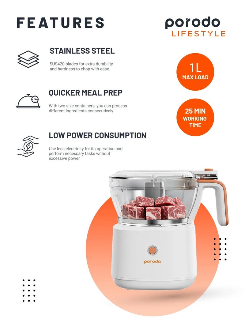 porodo Portable Rechargeable Electric Food Processor & Meat Chopper, Electric Food Chopper for Vegetables Meat Fruits Nuts Puree, 88W Kitchen Food Processor With Sharp Stainless Steel Blades - Image 3