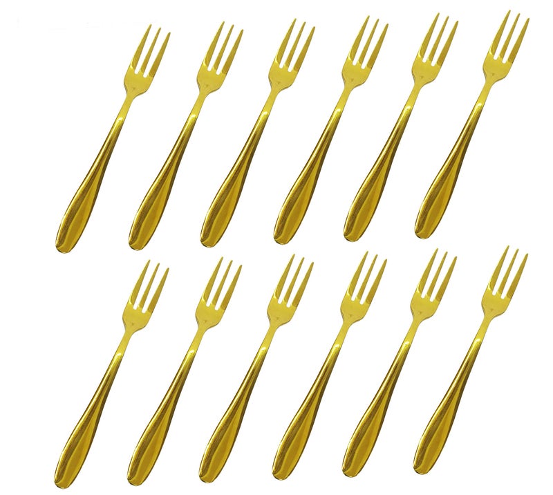 شوكة صغيرة 12 قطعة من كوميكفس 52 بوصة شوكات حلوى من الفولاذ المقاوم للصدأ ذهبية 3 أسنان شوكات كوكتيل سلطة فواكه محمولة للحفلات والسفر 12 شوكة ذهبية