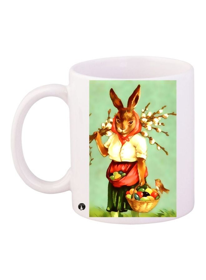 RYN Cartoon Rabbit Printed Coffee Mug White/Brown/Red 11ounce