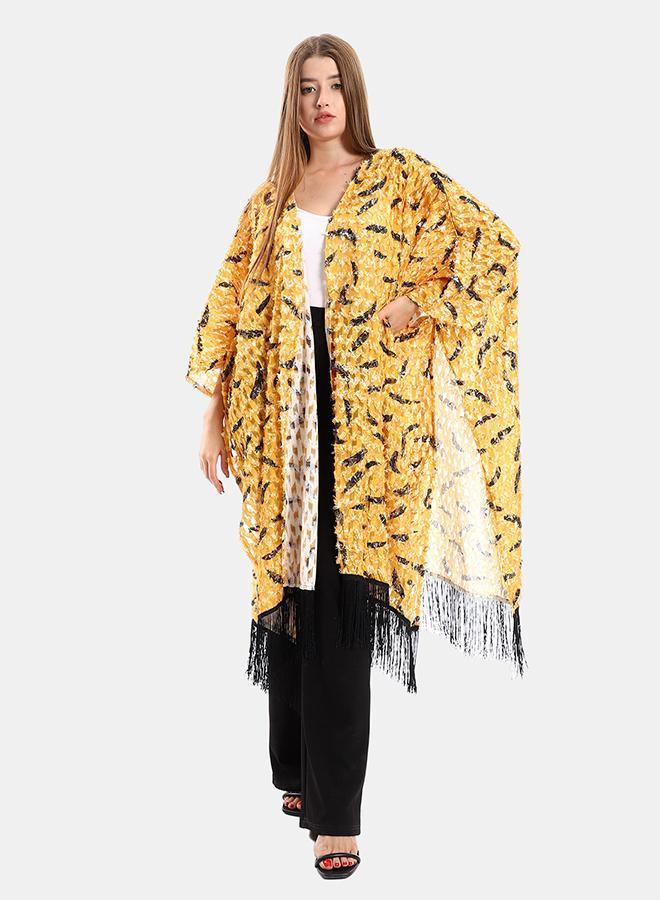 kady Jamila women eyelash open neckline cardigan with decorated fringes ,mustard-one size - Image 1