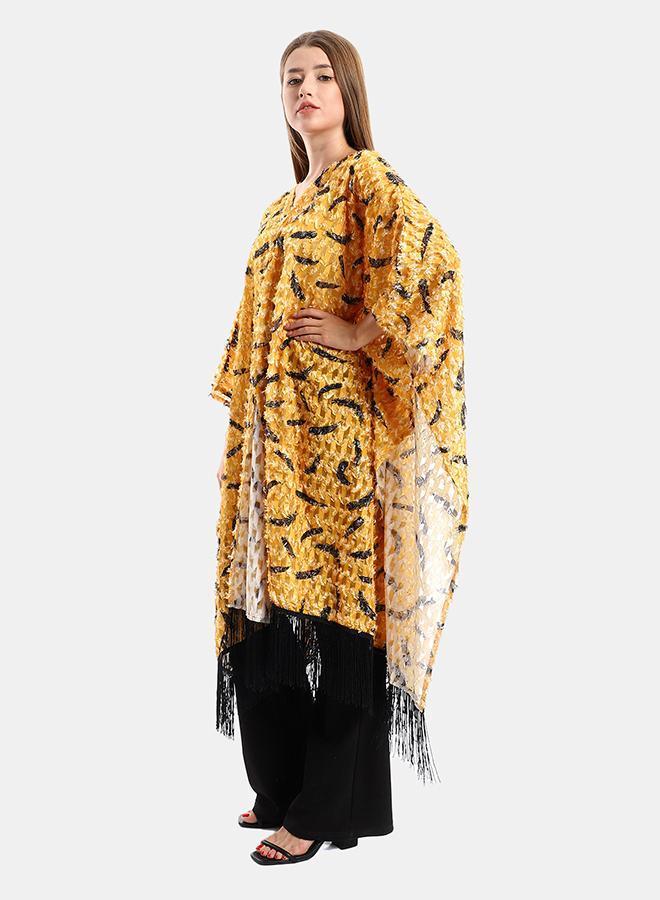 kady Jamila women eyelash open neckline cardigan with decorated fringes ,mustard-one size - Image 2