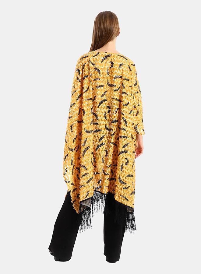 kady Jamila women eyelash open neckline cardigan with decorated fringes ,mustard-one size - Image 3