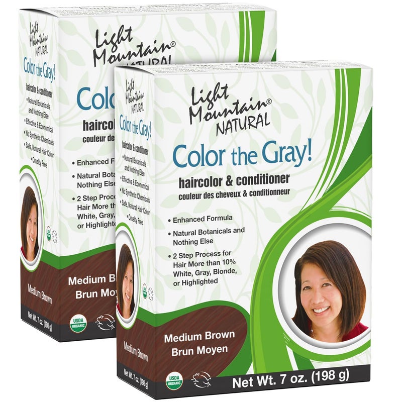 Light Mountain Henna Hair Color & Conditioner, Color the Gray - Medium Brown Hair Dye for Men/Women, 2-Step Chemical-Free, Semi-Permanent Hair Color for White, Gray, and Blonde Hair, 7 Oz (Pack of 2) - Image 1