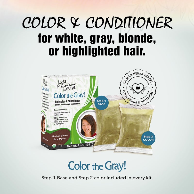 Light Mountain Henna Hair Color & Conditioner, Color the Gray - Medium Brown Hair Dye for Men/Women, 2-Step Chemical-Free, Semi-Permanent Hair Color for White, Gray, and Blonde Hair, 7 Oz (Pack of 2) - Image 2