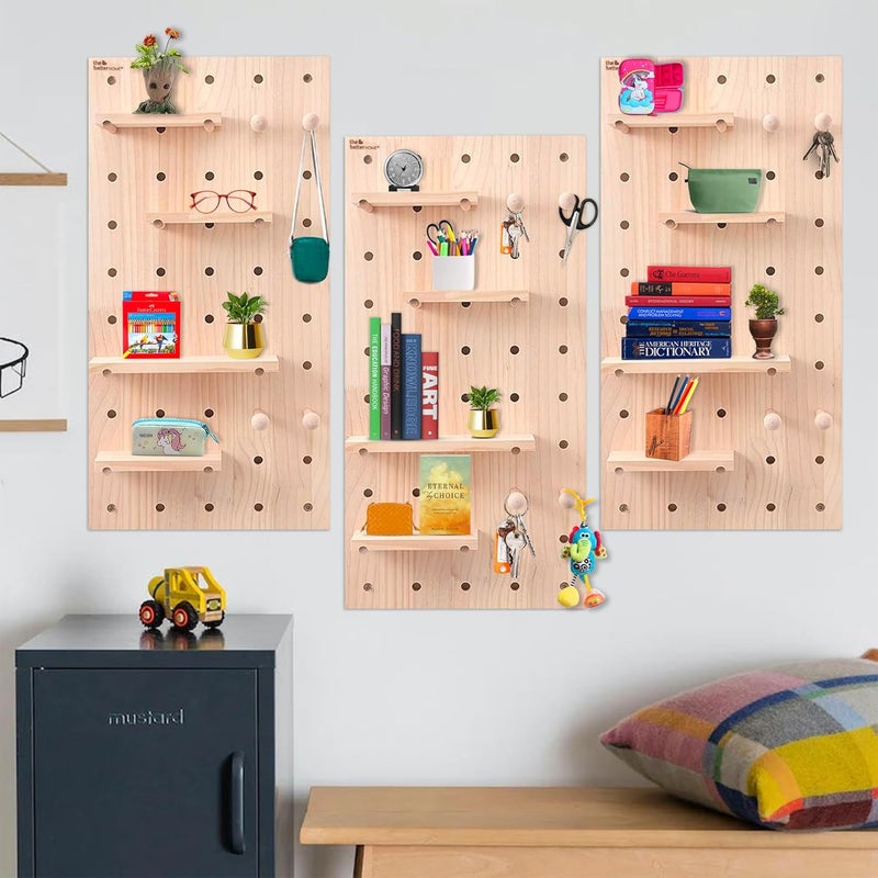 The Better Home The Better Home Pinewood Pegboard Wall Organizer3Pcs3216inch Wooden Shelf for Wall Wall Shelf for Living room Office Bedroom Wall Hanging Shelf Wooden Key Holder for Wall Storage Organizer 