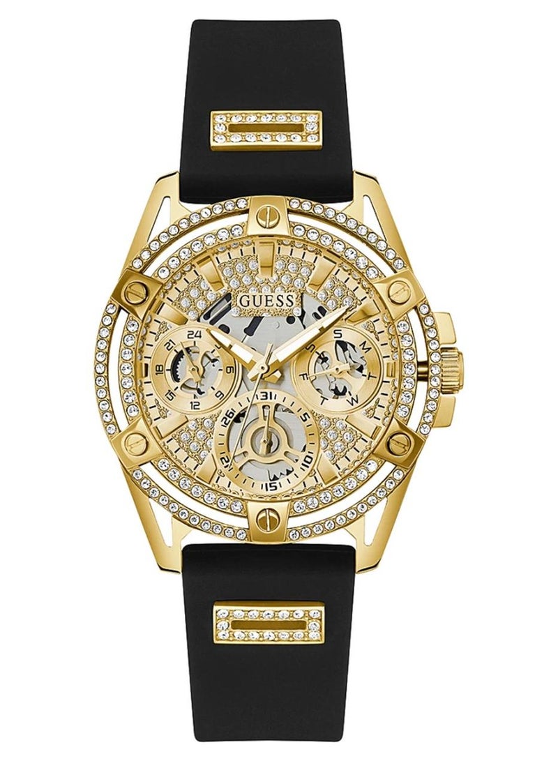 GUESS ساعة كوين للسيدات بهيكل ذهبي اللون وسوار سيليكون أسود GW0536L3 - 40 ملم - Image 1