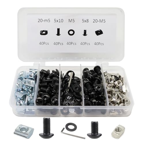 BLCCLOY 200Pcs 2020 Aluminum Extrusion M5 T Slot Nuts and Bolts Screws 20 Series Extruded Hardware Drop in T Nut Slide Nut M5x8 10mm for 20/20 80 20 2040 T V Slot Black Aluminum Profile Accessories - Image 1