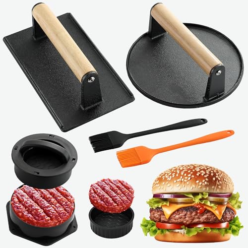 POLIGO Smash Burger Press Kit - 4 in 1 Stuffed Burger Mold, 2PCS Cast Iron Burger Presses, Sauce Brushes Included - Non Stick Smash Burger Press Set for Grill and Griddle Cooking - Image 1