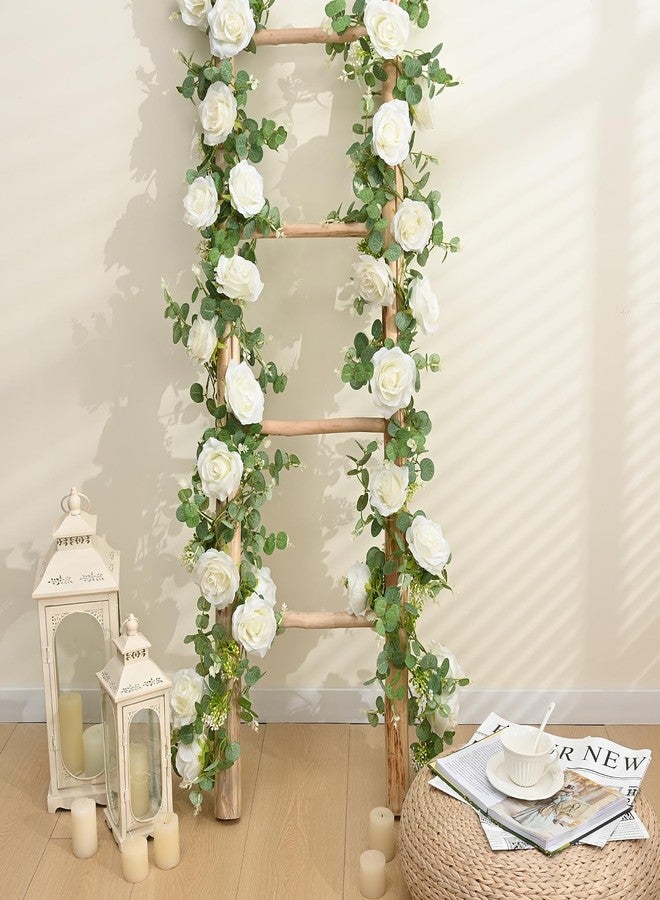 Dolicer 4Pcs 26Ft Artificial Eucalyptus Garlands with Flowers- 8 Roses, Faux Floral Greenery Garlands Fake Flowers Vines for Wedding Table Centerpieces Arch Party Ceremony Backdrop Decor (White) - Image 3