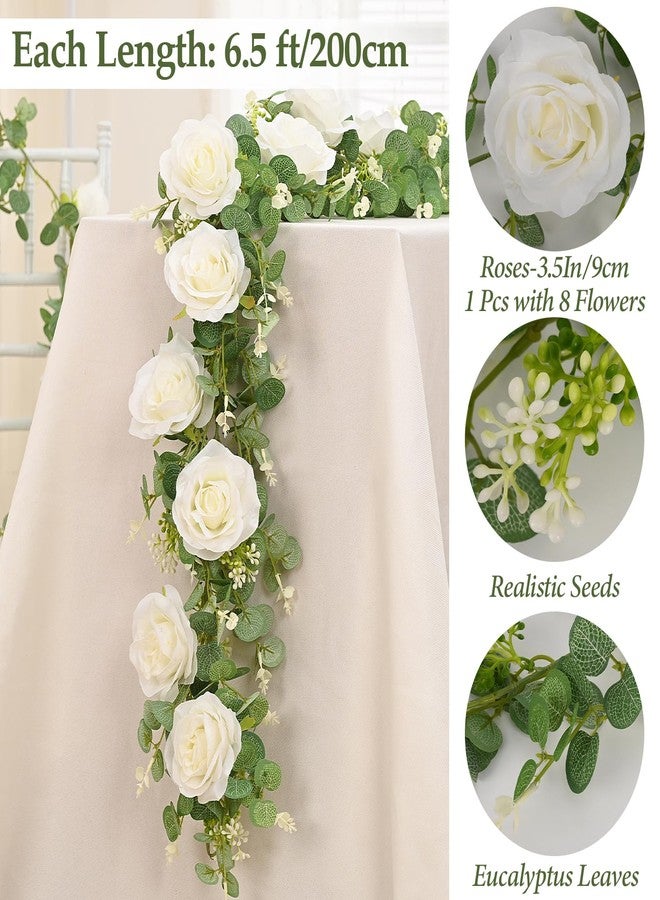 Dolicer 4Pcs 26Ft Artificial Eucalyptus Garlands with Flowers- 8 Roses, Faux Floral Greenery Garlands Fake Flowers Vines for Wedding Table Centerpieces Arch Party Ceremony Backdrop Decor (White) - Image 4
