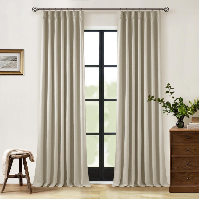 TWODRAPES Neutral Pinch Pleat Linen Blackout Curtains 108 Inches Long 2 Panel Set for Living Room Back Tab Pleated Drapes Room Darkening Light Blocking Window Curtain for Bedroom Cottage Farmhouse Taupe 9 FT - Image 1