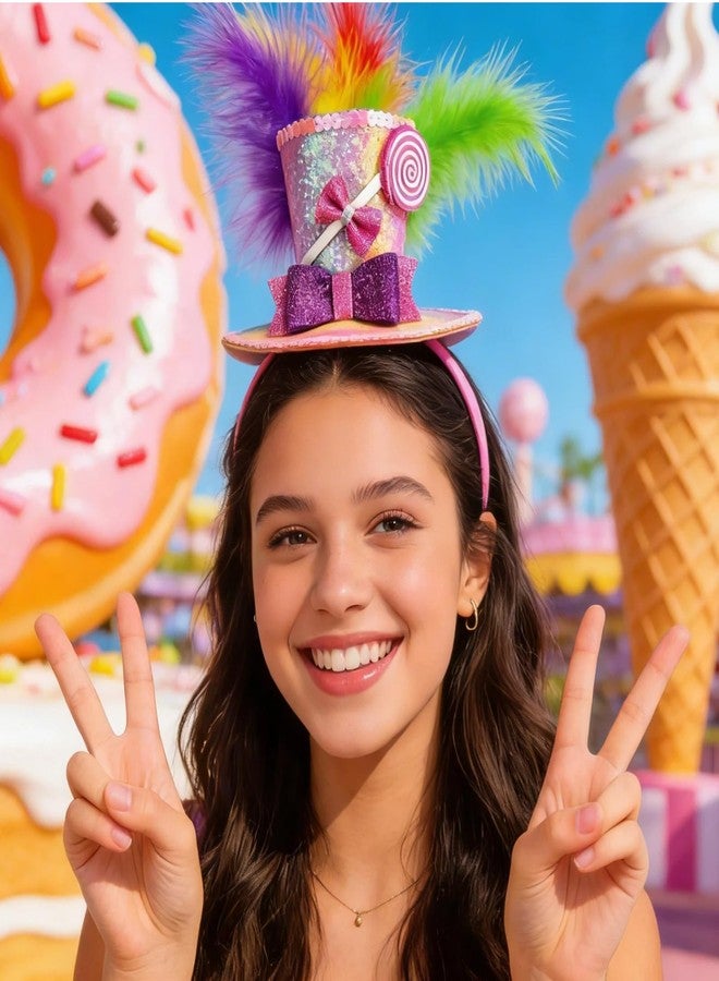 Asikkon Mini Top Hat Lollipop Headband with Bows Sequins Candy Headbands for Women Cosplay Party Halloween Costume - Image 3