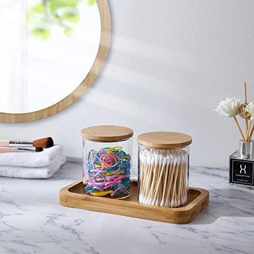 INIUNIK Glass Qtip Holder with Vanity Tray, Apothecary Jars Bathroom Accessories Bathroom Canisters Organizer Countertop Q Tip Holder for Cotton Ball Round Swab Pad Hair Ties Floss Perfume Jewelry - Image 5