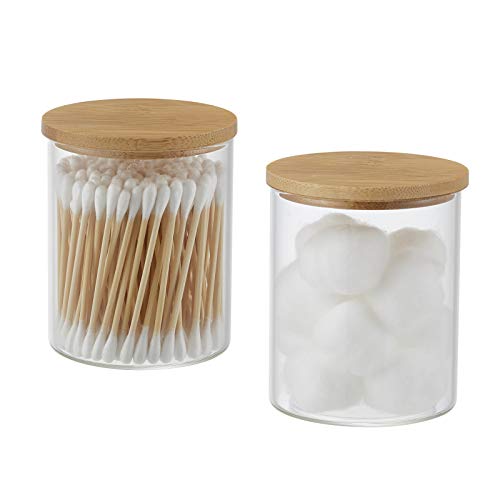 INIUNIK Glass Qtip Holder with Vanity Tray, Apothecary Jars Bathroom Accessories Bathroom Canisters Organizer Countertop Q Tip Holder for Cotton Ball Round Swab Pad Hair Ties Floss Perfume Jewelry - Image 2