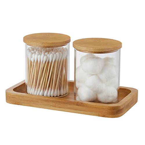 INIUNIK Glass Qtip Holder with Vanity Tray, Apothecary Jars Bathroom Accessories Bathroom Canisters Organizer Countertop Q Tip Holder for Cotton Ball Round Swab Pad Hair Ties Floss Perfume Jewelry - Image 1