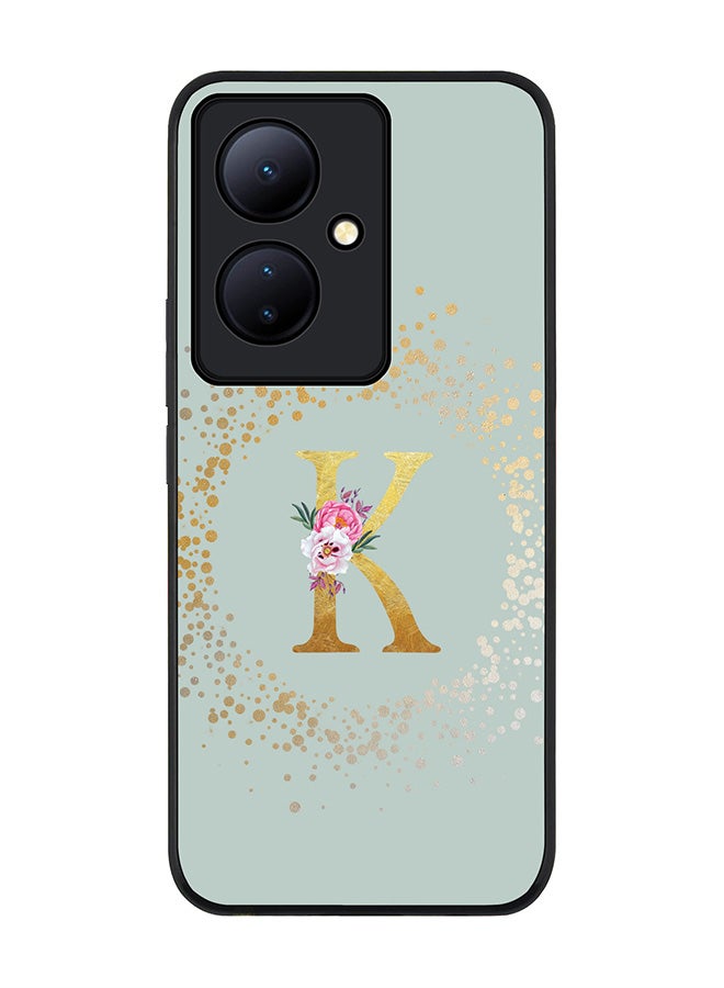 Stylizedd حافظة حواف سوداء متينة لهاتف Vivo V29 Lite، غلاف رفيع نحيف - حرف مونوغرام مخصص بنمط زهور - ك (رمادي فاتح) - Image 1
