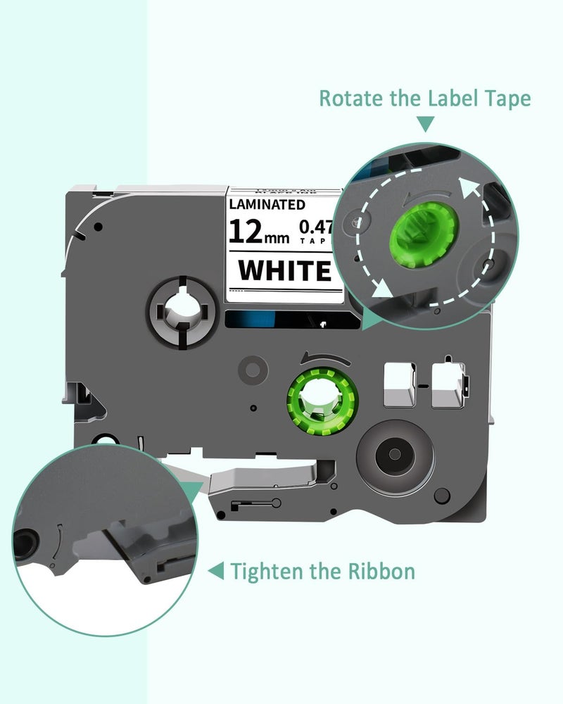 Topcolor 6-Pack 12mm 0.47" Multi-Color Label Tape Compatible for Brother Tze431 Tze531 Tze631 Tze MQG35 MQP35 P Touch Tze Tz Tape 12mm 0.47" Laminated White for PTH110 PTD220 PTD210 PTD400 PTD610BT - Image 3