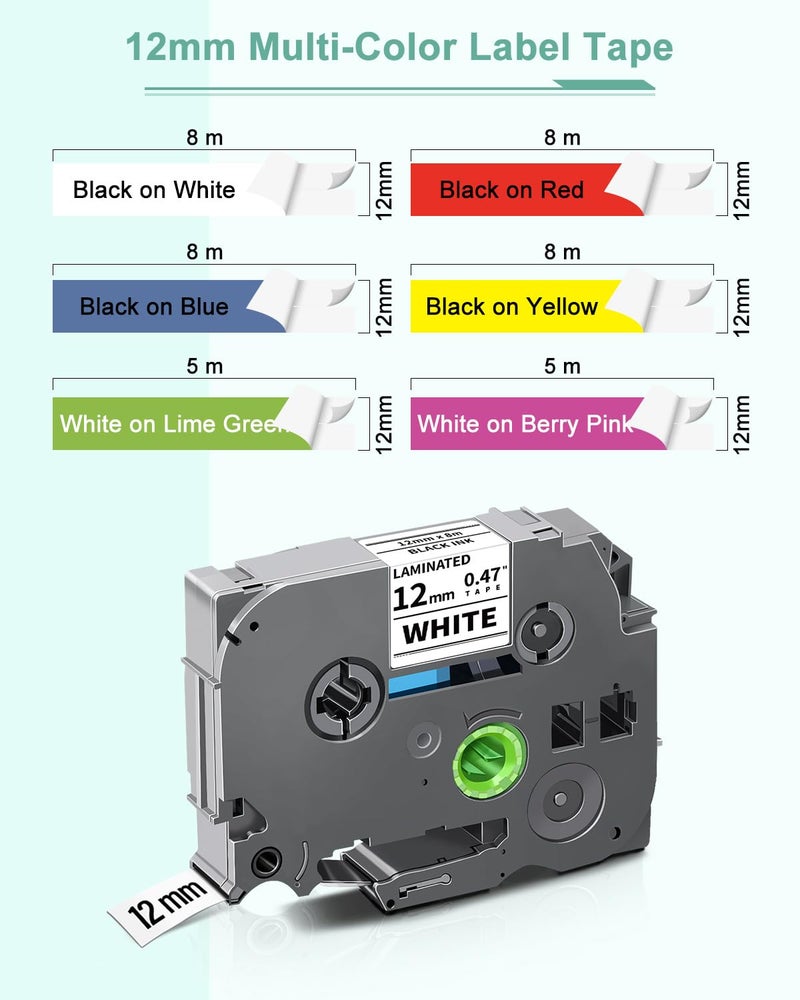 Topcolor 6-Pack 12mm 0.47" Multi-Color Label Tape Compatible for Brother Tze431 Tze531 Tze631 Tze MQG35 MQP35 P Touch Tze Tz Tape 12mm 0.47" Laminated White for PTH110 PTD220 PTD210 PTD400 PTD610BT - Image 2