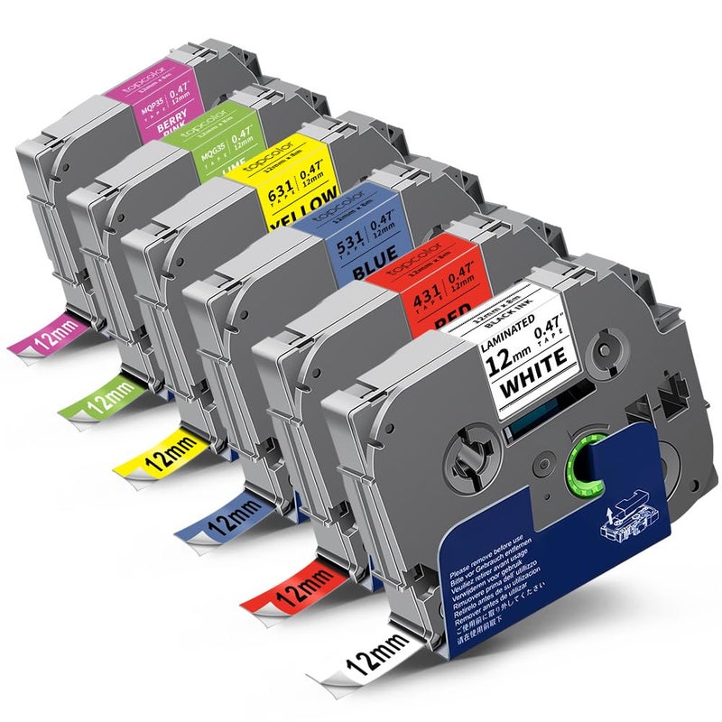 Topcolor 6-Pack 12mm 0.47" Multi-Color Label Tape Compatible for Brother Tze431 Tze531 Tze631 Tze MQG35 MQP35 P Touch Tze Tz Tape 12mm 0.47" Laminated White for PTH110 PTD220 PTD210 PTD400 PTD610BT - Image 1
