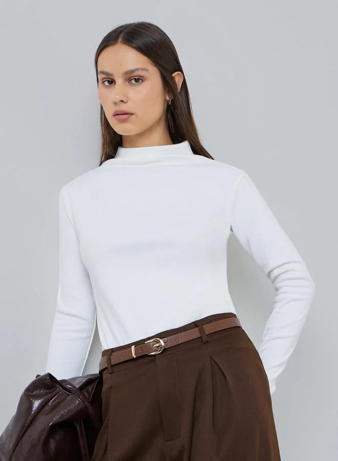 Styli White Long Sleeve Mock Neck Knit Top