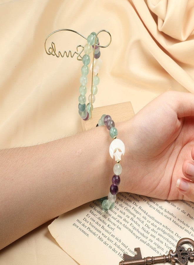 SUNYIK 7.5-8.5mm Natural Fluorite Crystal Beaded Bracelet for Women Ladies Carved White Shell Crescent Moon Hug Star Beads Stone Strand Bracelet - Image 4