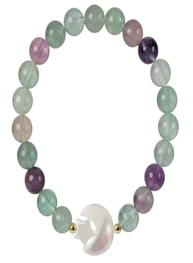 SUNYIK 7.5-8.5mm Natural Fluorite Crystal Beaded Bracelet for Women Ladies Carved White Shell Crescent Moon Hug Star Beads Stone Strand Bracelet - Image 1
